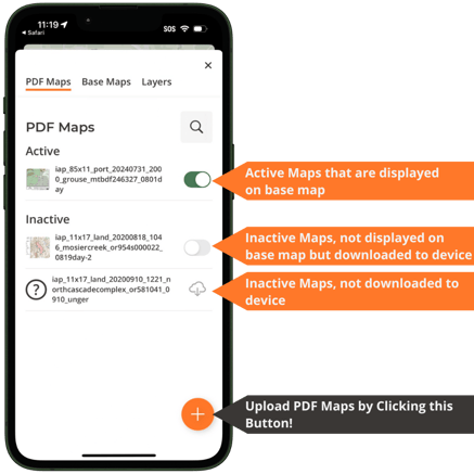 Image showing the difference between Active, Inactive, and accessible but not downloaded maps.